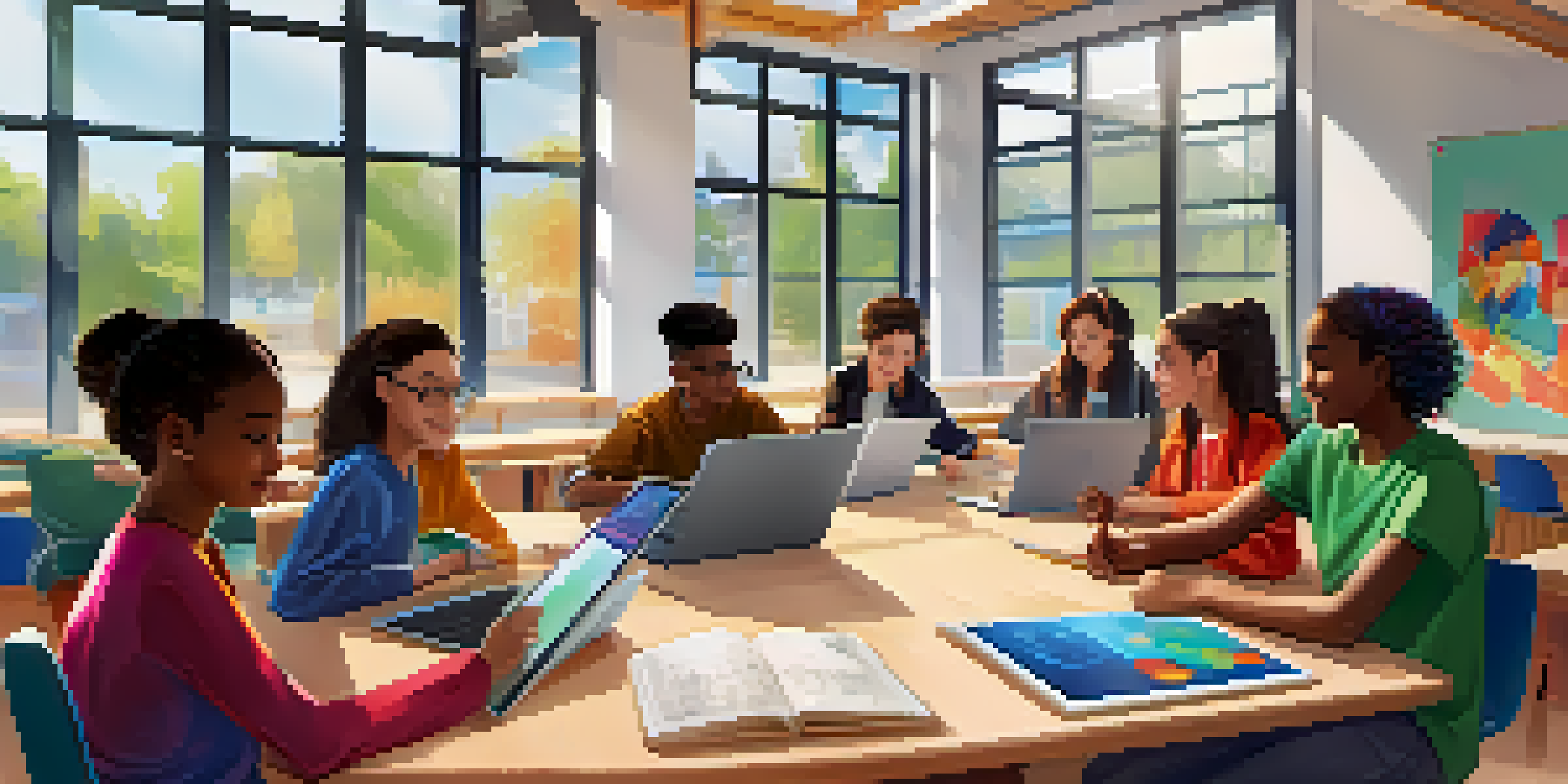 A diverse group of students collaborating on an e-learning project in a bright, modern classroom with laptops and tablets.