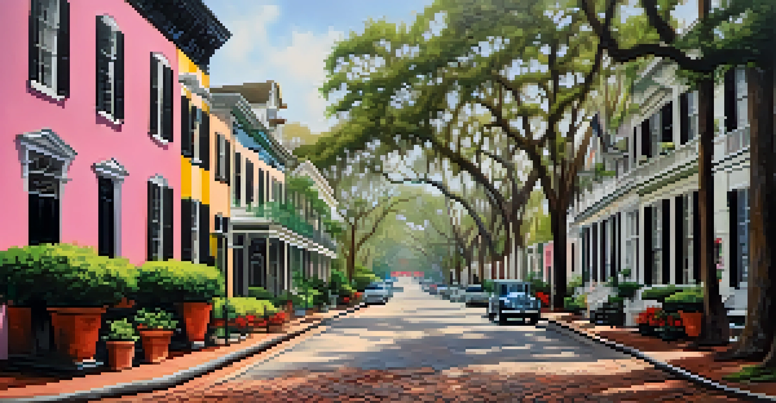 A scenic view of the Savannah Historic District with cobblestone streets, antebellum architecture, and blooming azaleas.