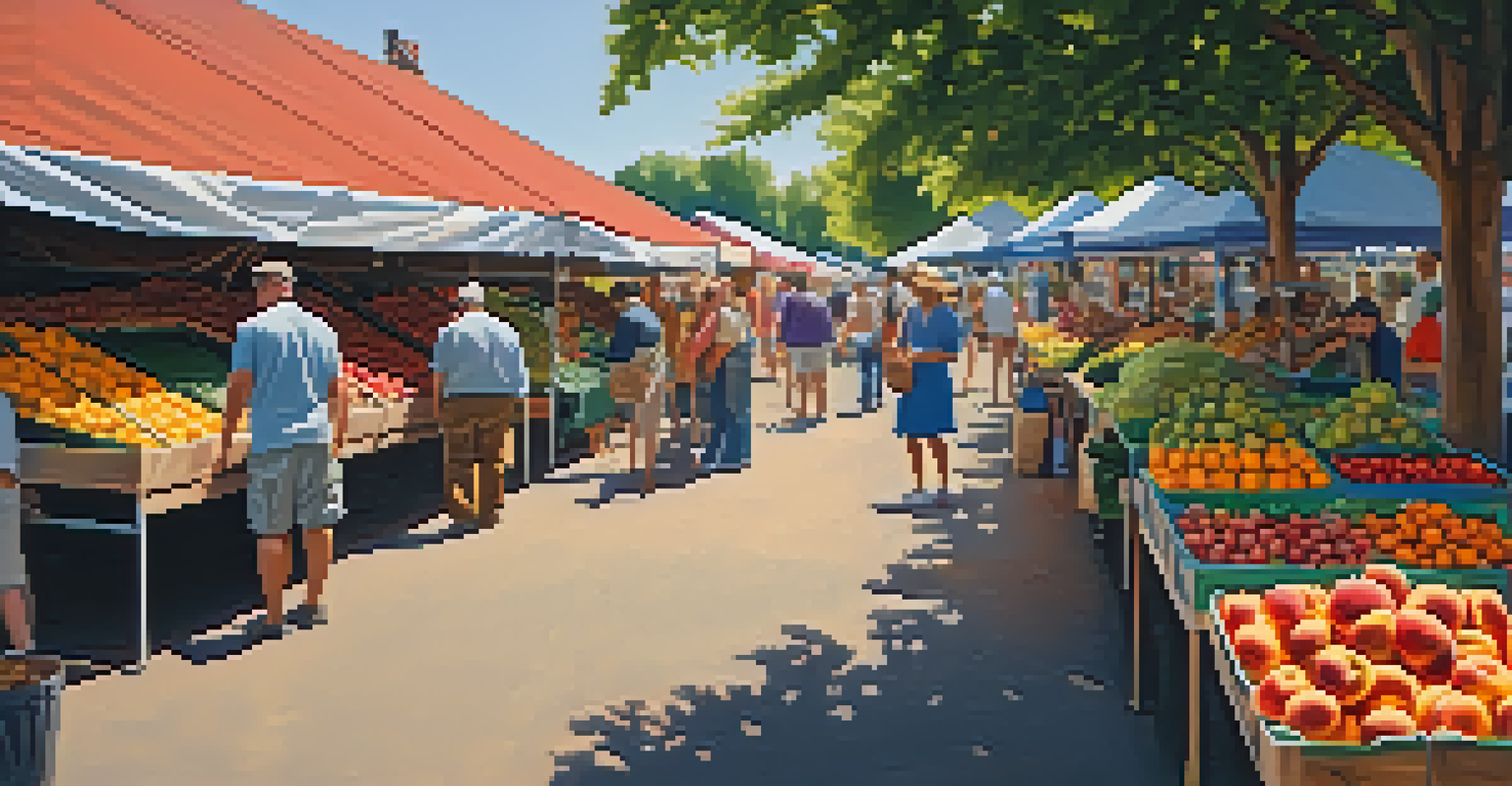 A lively farmer's market in Georgia with colorful stalls of fruits and vegetables, people shopping and interacting under a bright canopy in warm light.
