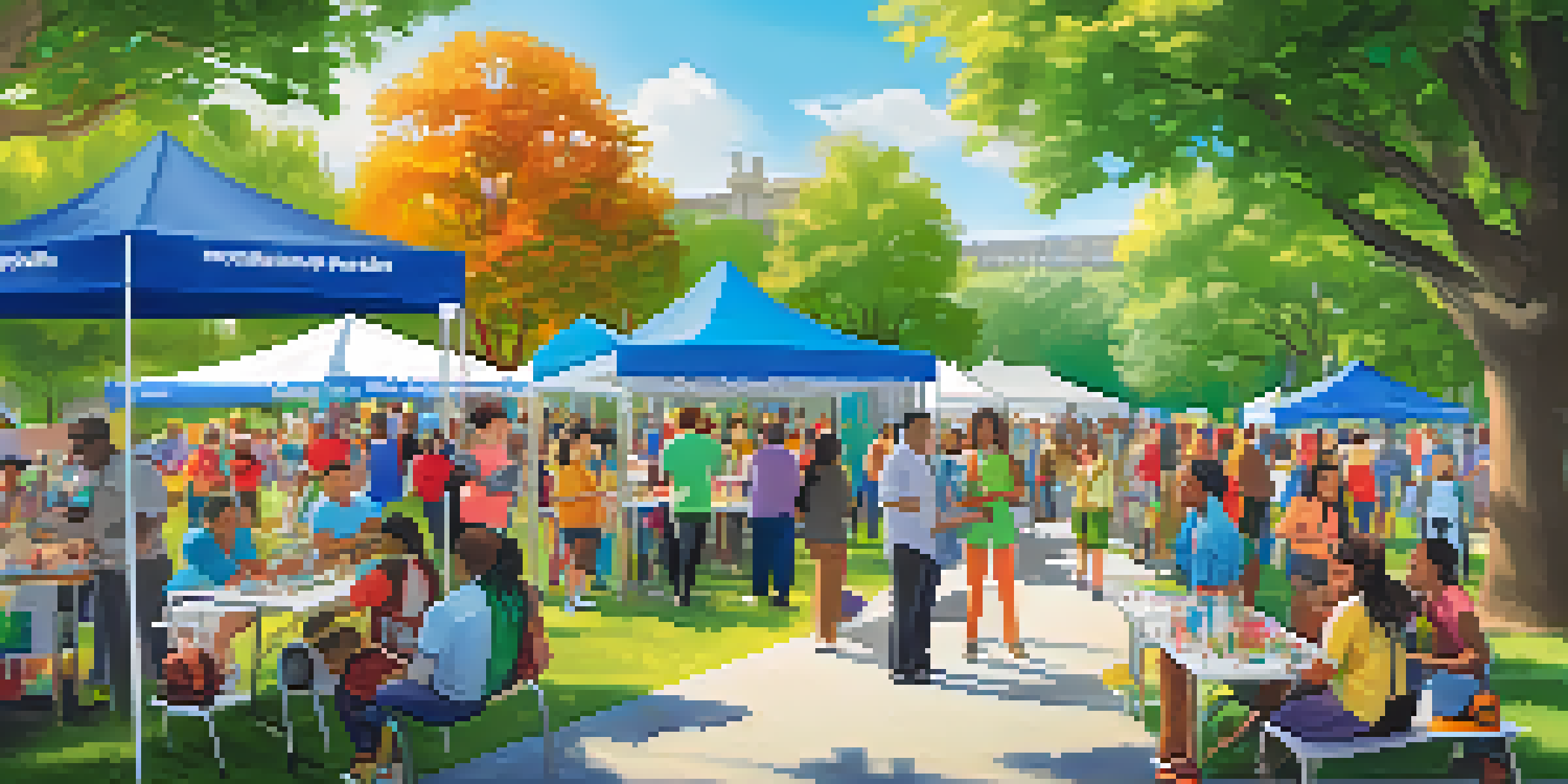 A lively community health fair set in a park with colorful booths and families participating in health activities under sunlight.