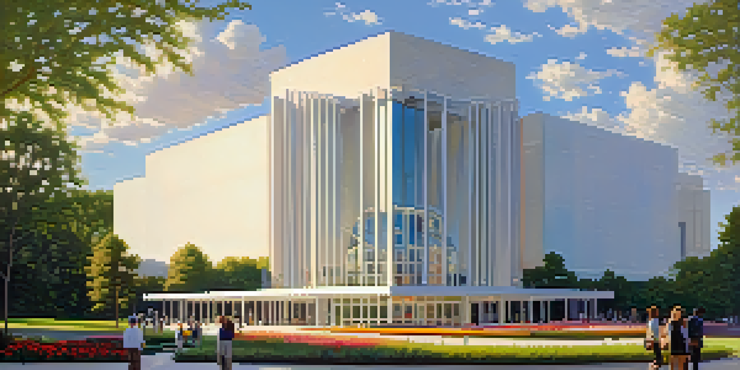 A modern architectural view of the High Museum of Art in Atlanta, surrounded by gardens and illuminated by sunset light.