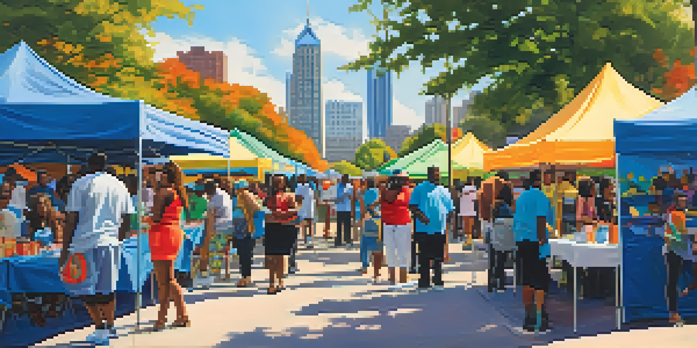 A community health fair in Atlanta with diverse participants, colorful tents, and a bright skyline.