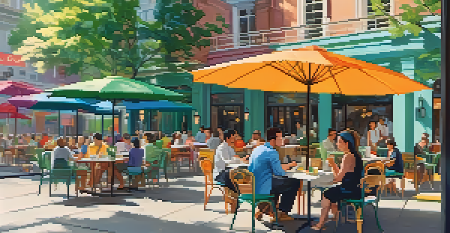 Remote workers sitting at an outdoor cafe with laptops, enjoying coffee under colorful umbrellas.