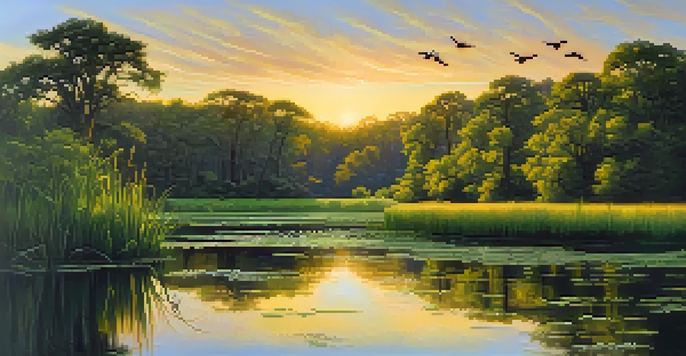A peaceful wetland in Georgia filled with green plants, birds, and amphibians, illuminated by warm sunlight, with a calm water reflection.
