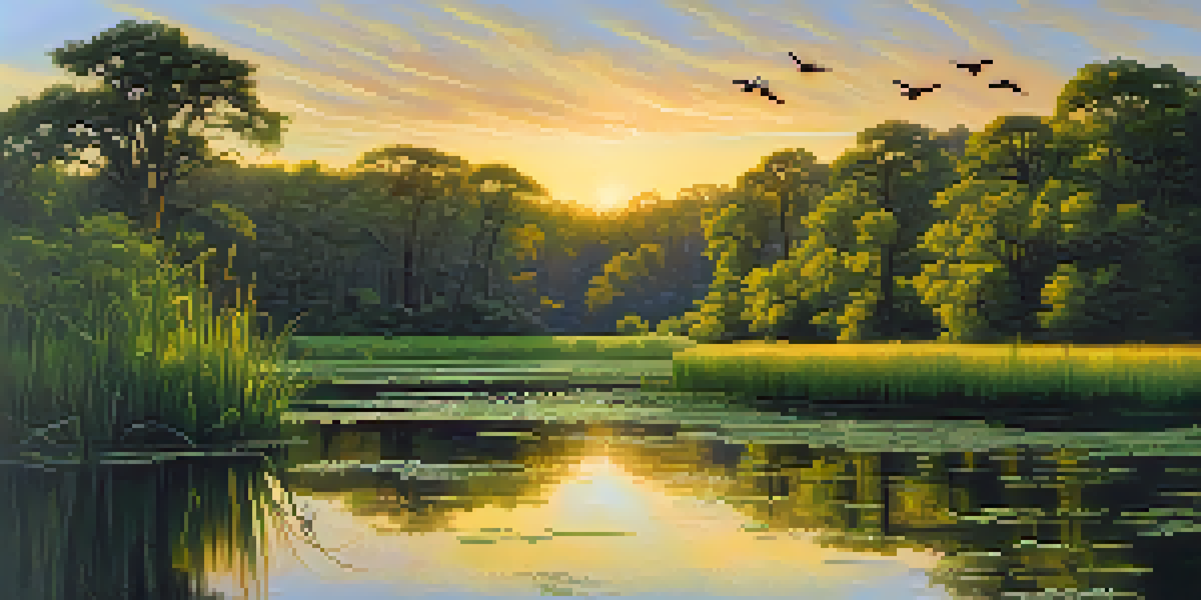 A peaceful wetland in Georgia filled with green plants, birds, and amphibians, illuminated by warm sunlight, with a calm water reflection.