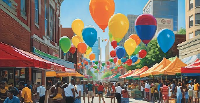 A busy street scene in Atlanta with diverse people at a community event, colorful decorations, and the city skyline in the background.