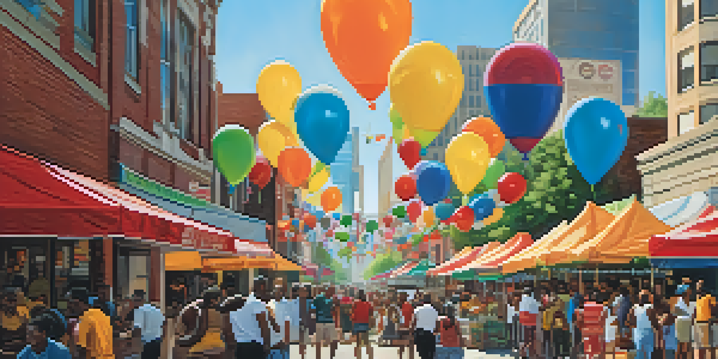 A busy street scene in Atlanta with diverse people at a community event, colorful decorations, and the city skyline in the background.