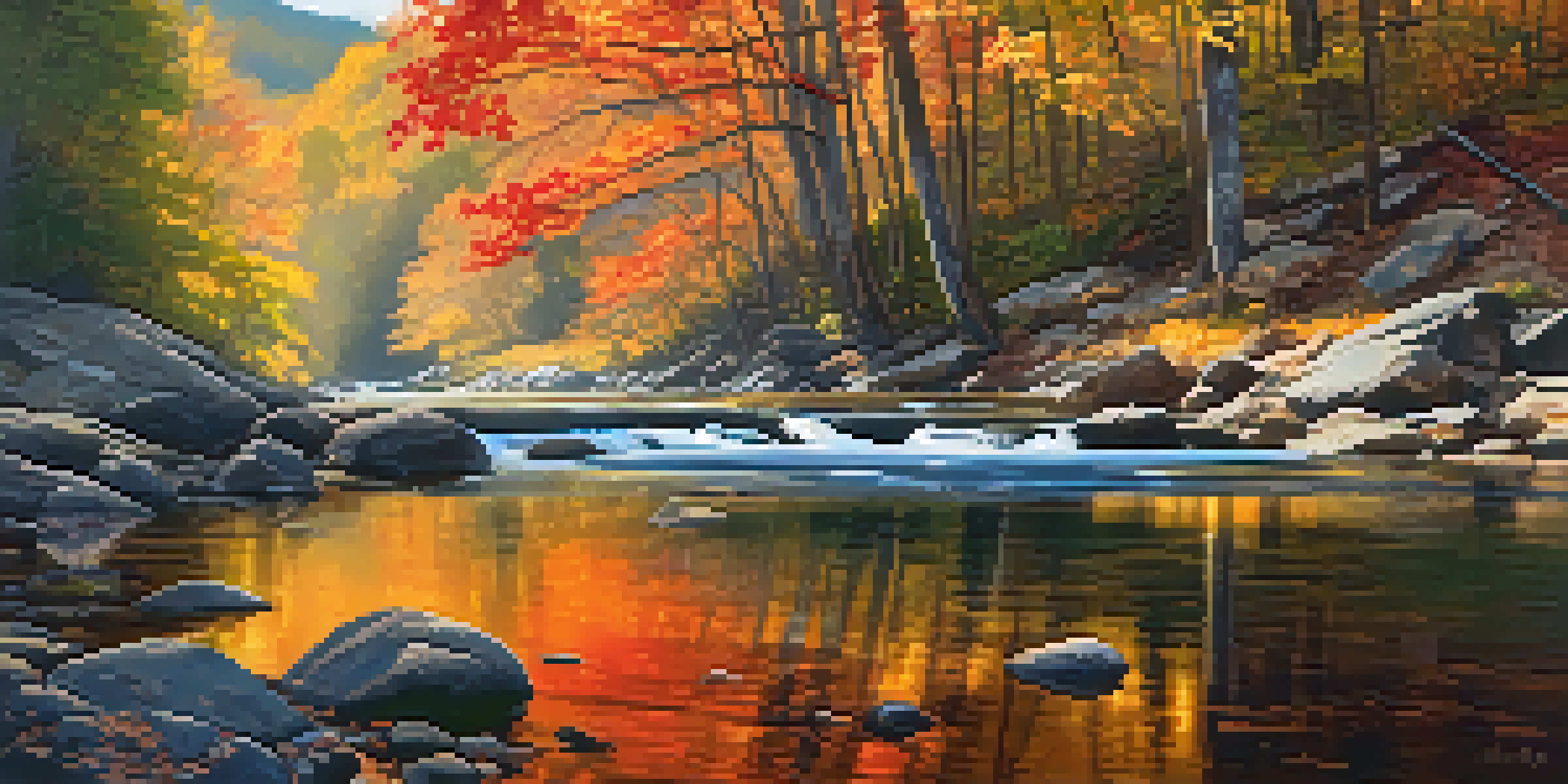 A peaceful autumn scene in the Blue Ridge Mountains with colorful trees and a clear stream.