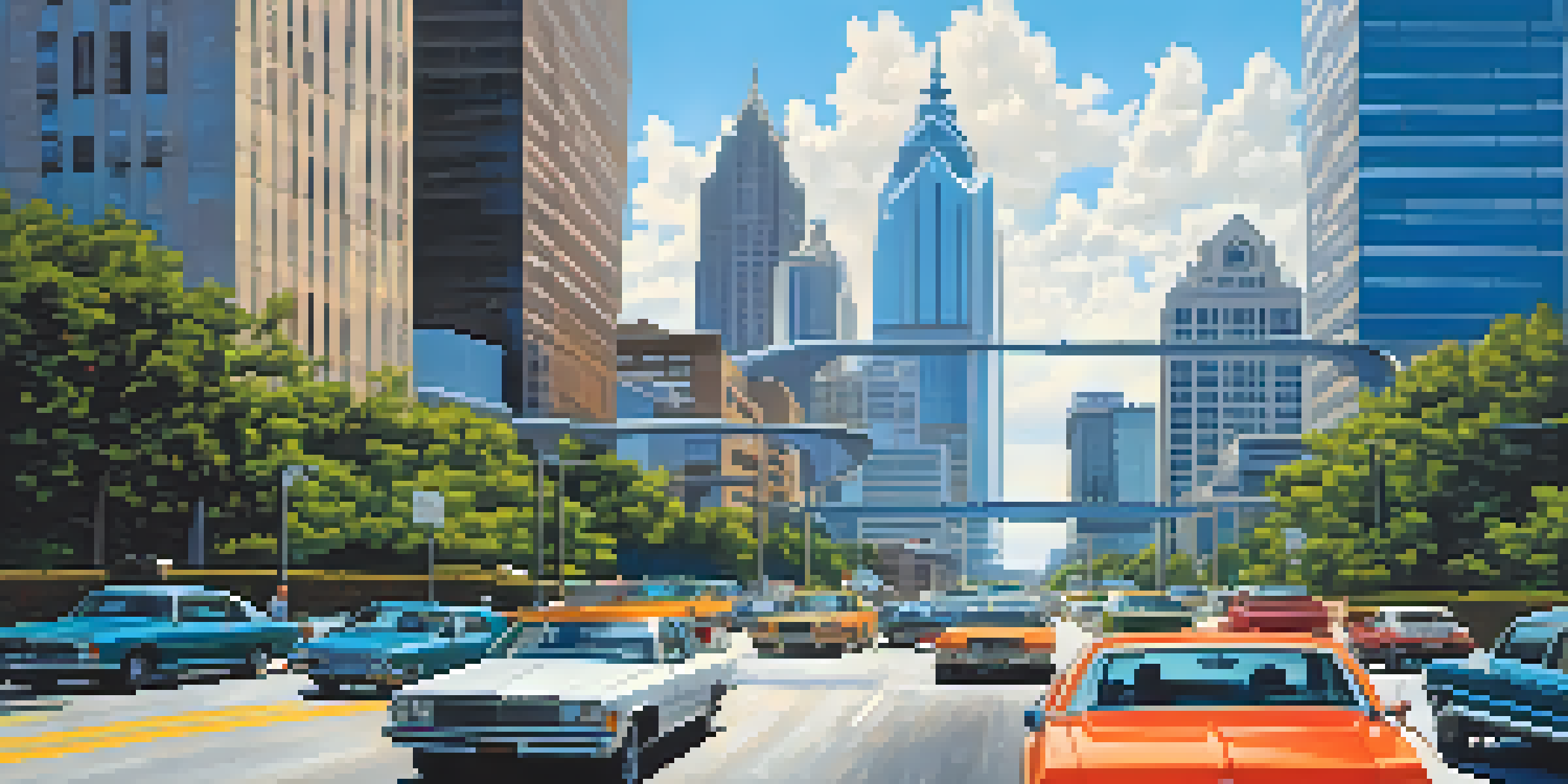 A bustling cityscape of Atlanta, featuring a busy highway with moving cars and modern skyscrapers under a bright blue sky.