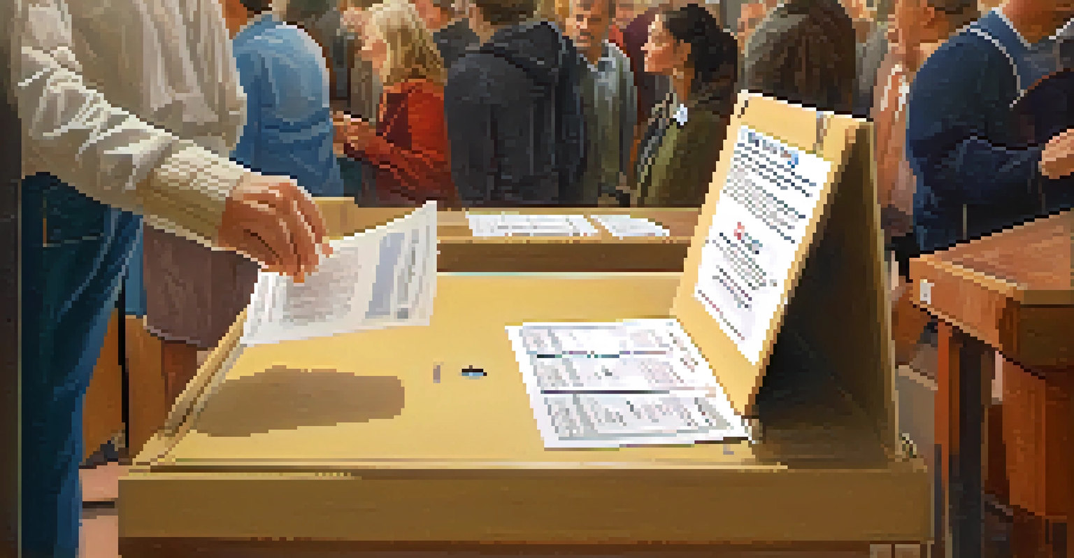 A close-up of a voter casting their ballot in a polling station, emphasizing the act of voting.