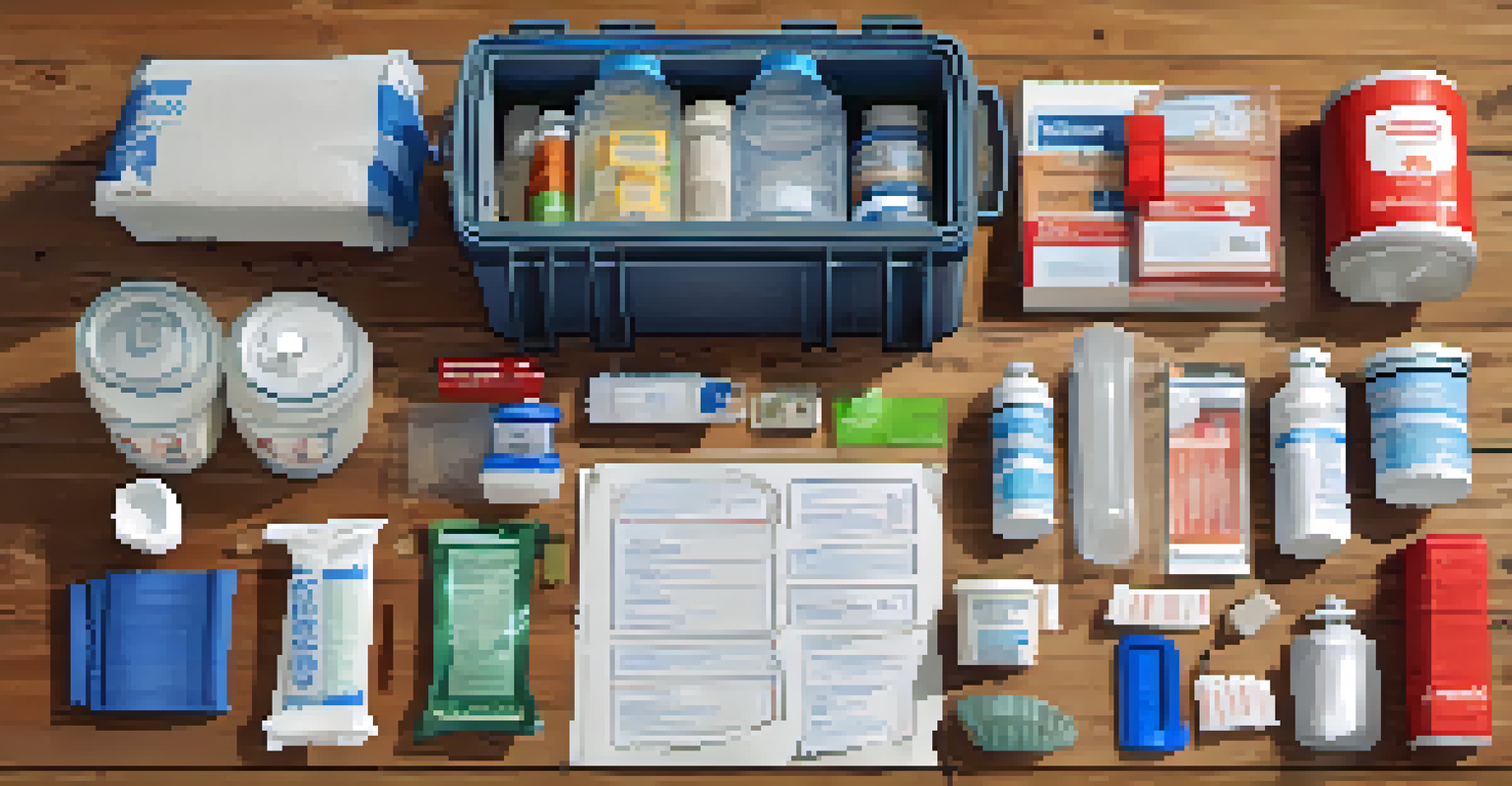 A close-up view of a well-organized emergency supply kit with labeled containers of water, food, and first aid supplies on a wooden table.
