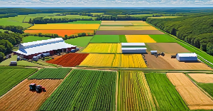 Aerial view of a South Georgia farm with drones and tractors working on vibrant green fields under a blue sky.