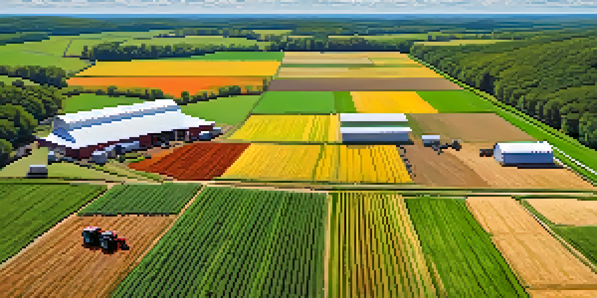 Aerial view of a South Georgia farm with drones and tractors working on vibrant green fields under a blue sky.