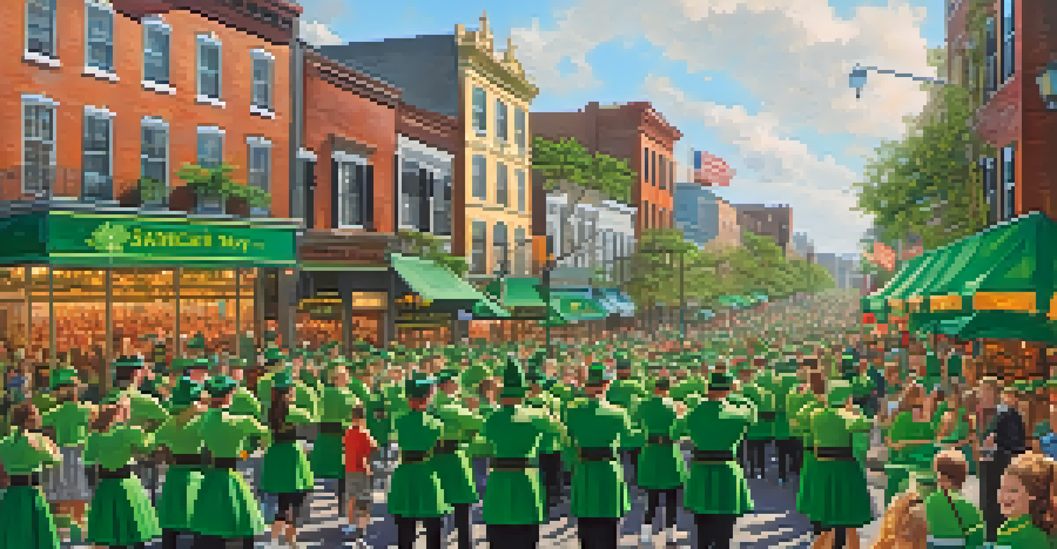 Crowds dressed in green celebrating St. Patrick's Day in Savannah, with lively floats and historic buildings in the background.