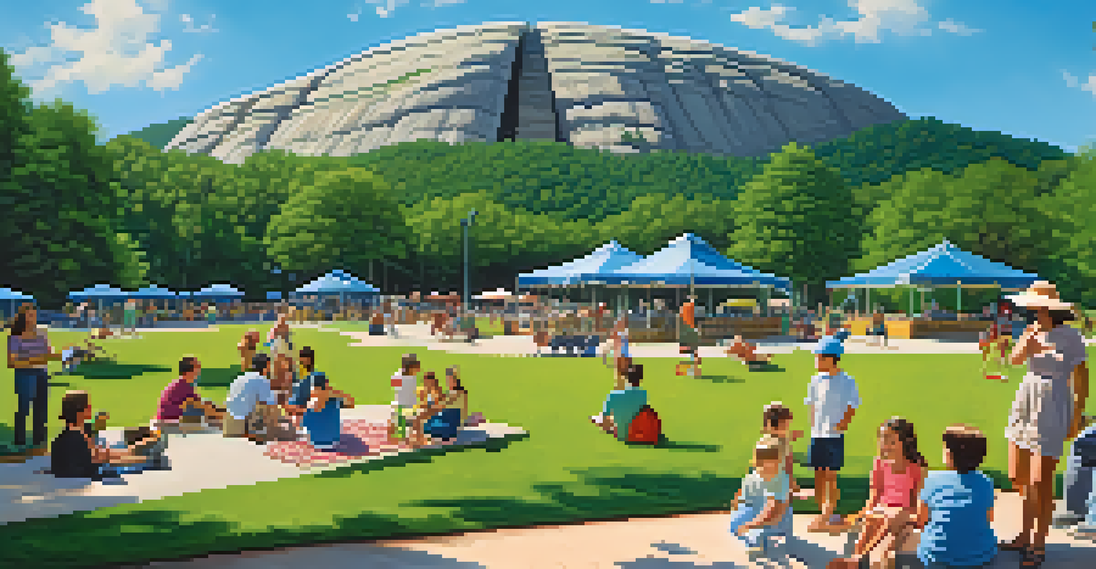 Families enjoying a sunny day at Stone Mountain Park, with children playing and a SkyRide gondola in the background against a blue sky.