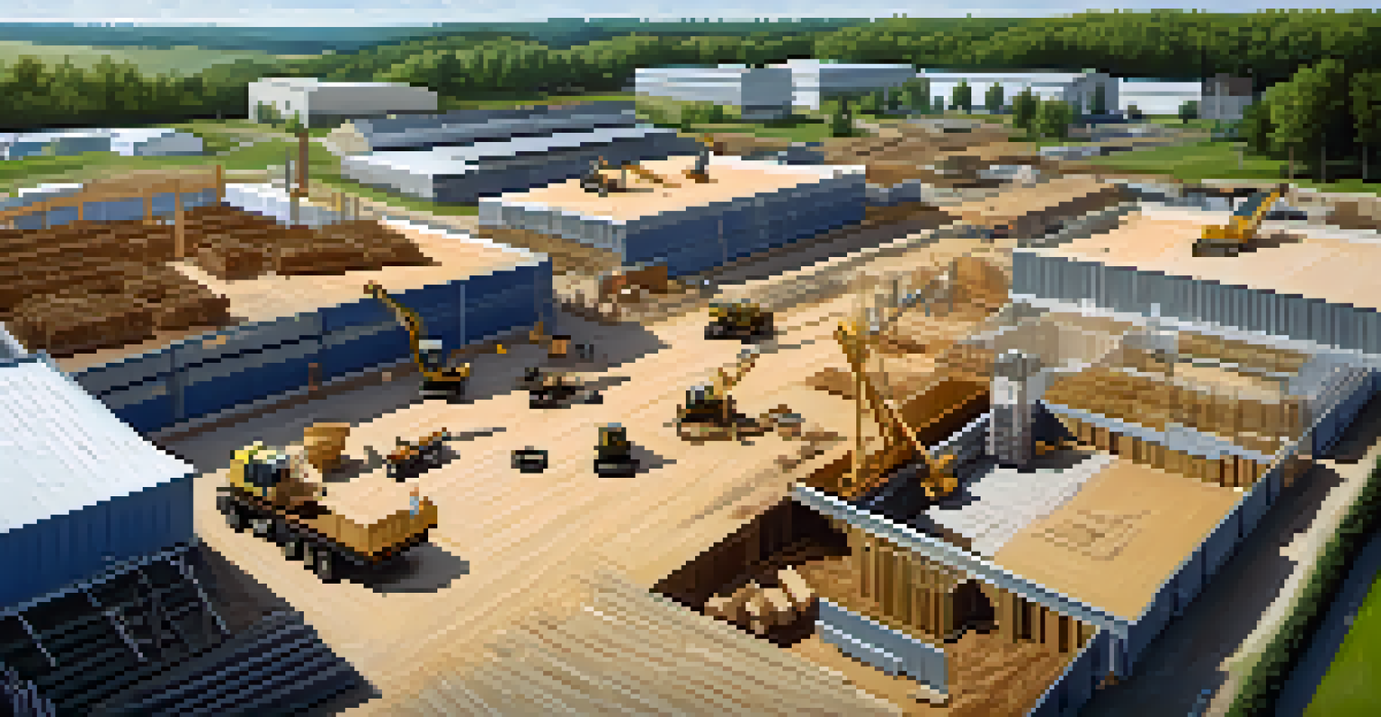 An aerial perspective of a construction site in Georgia, highlighting workers and building materials in a developing area.