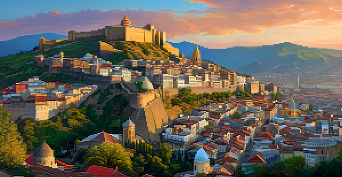 A panoramic view of Tbilisi, featuring colorful buildings, narrow streets, and Narikala Fortress during sunset.