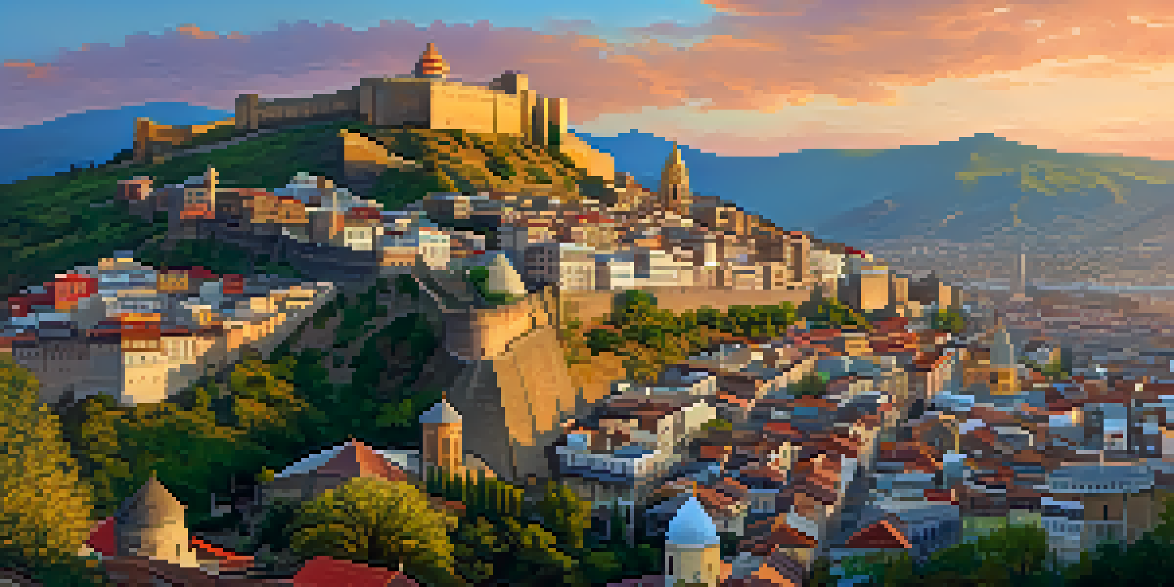 A panoramic view of Tbilisi, featuring colorful buildings, narrow streets, and Narikala Fortress during sunset.