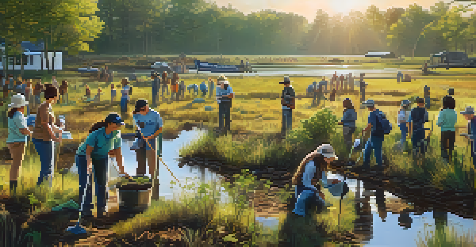 Volunteers participating in a wildlife conservation event in Georgia, planting trees and restoring a wetland area.