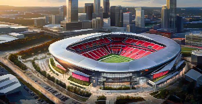 Aerial view of Mercedes-Benz Stadium in Atlanta during sunset, with fans in colorful attire and the city skyline in the background.