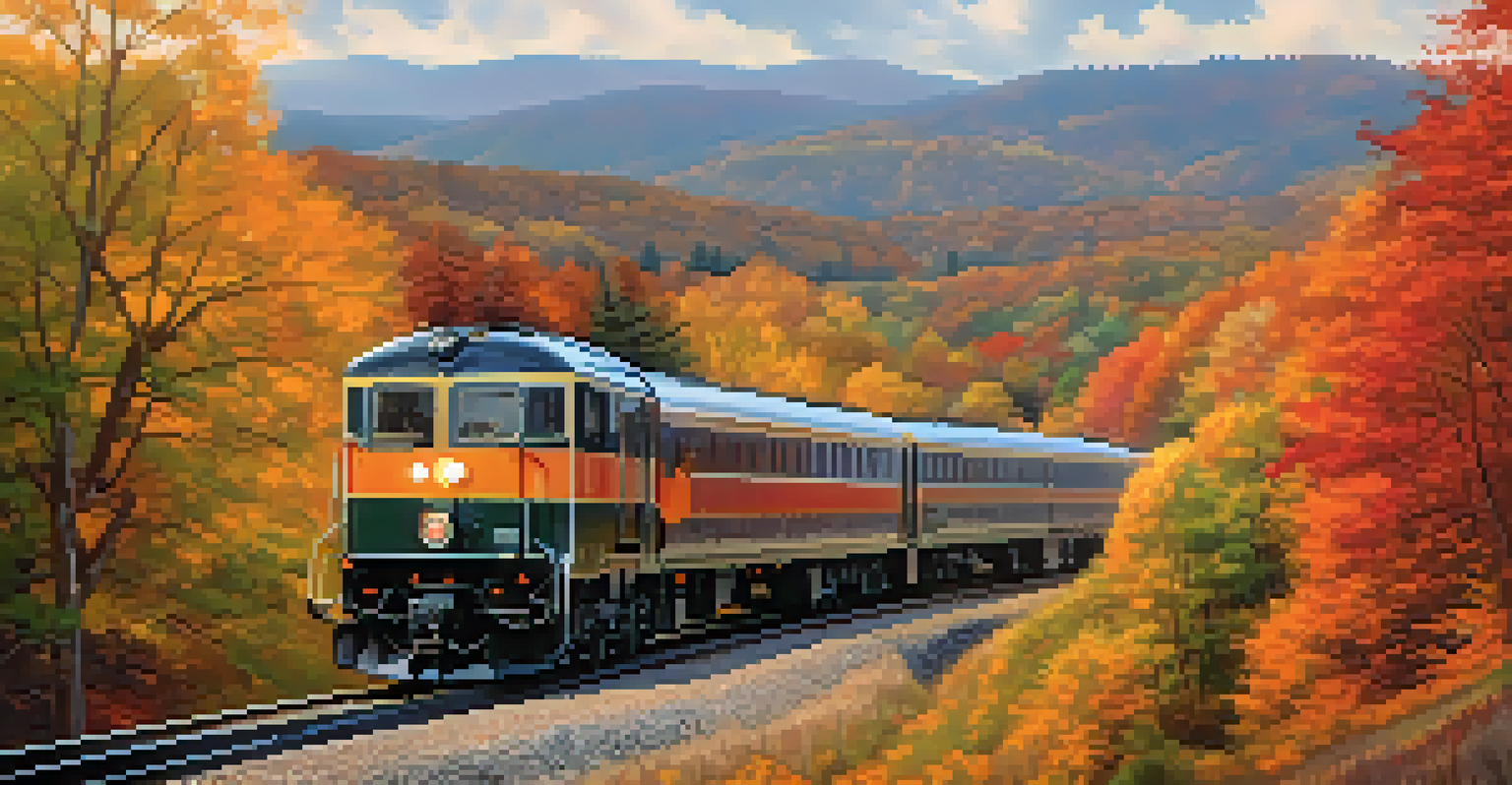 A scenic view of a commuter train traveling through rolling hills with vibrant autumn colors in Georgia.