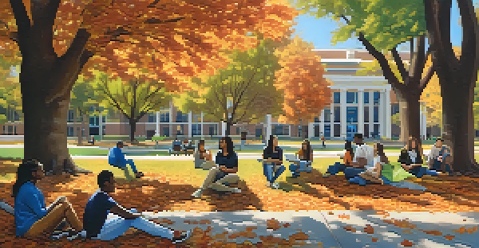 A busy college campus with diverse students discussing under a tree, colorful autumn leaves surround modern buildings.