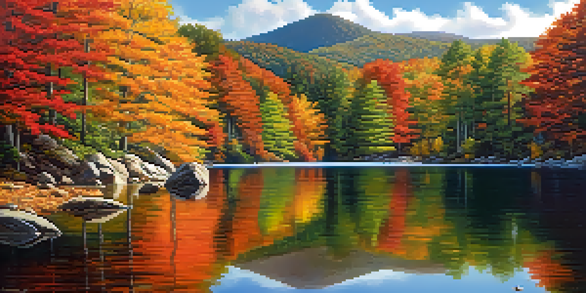 A scenic view of the Blue Ridge Mountains with autumn colors and a reflective lake, featuring hikers in the foreground.