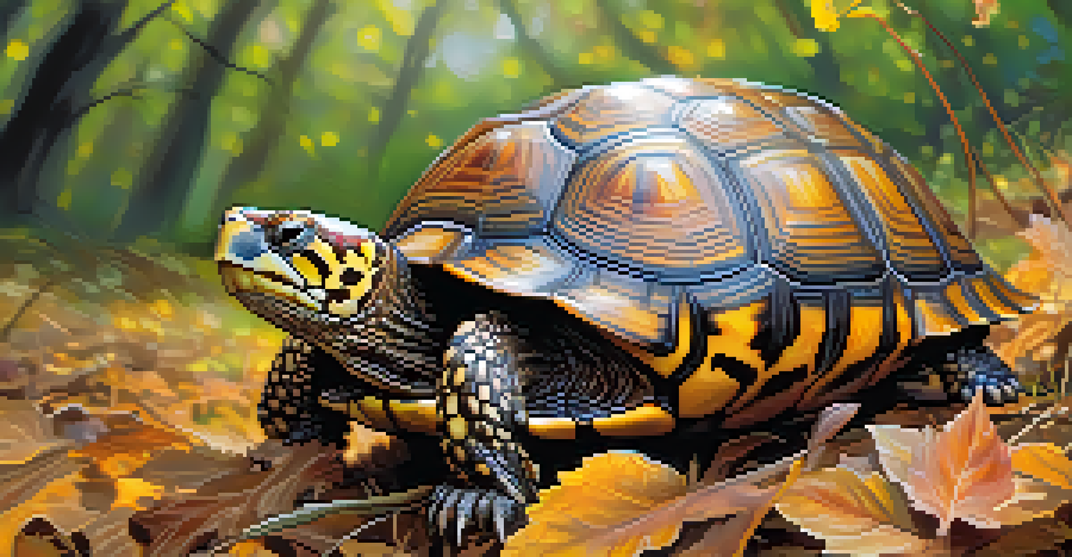 A close-up of an Eastern Box Turtle among leaves and flowers, with sunlight highlighting its shell patterns and a blurred green background.