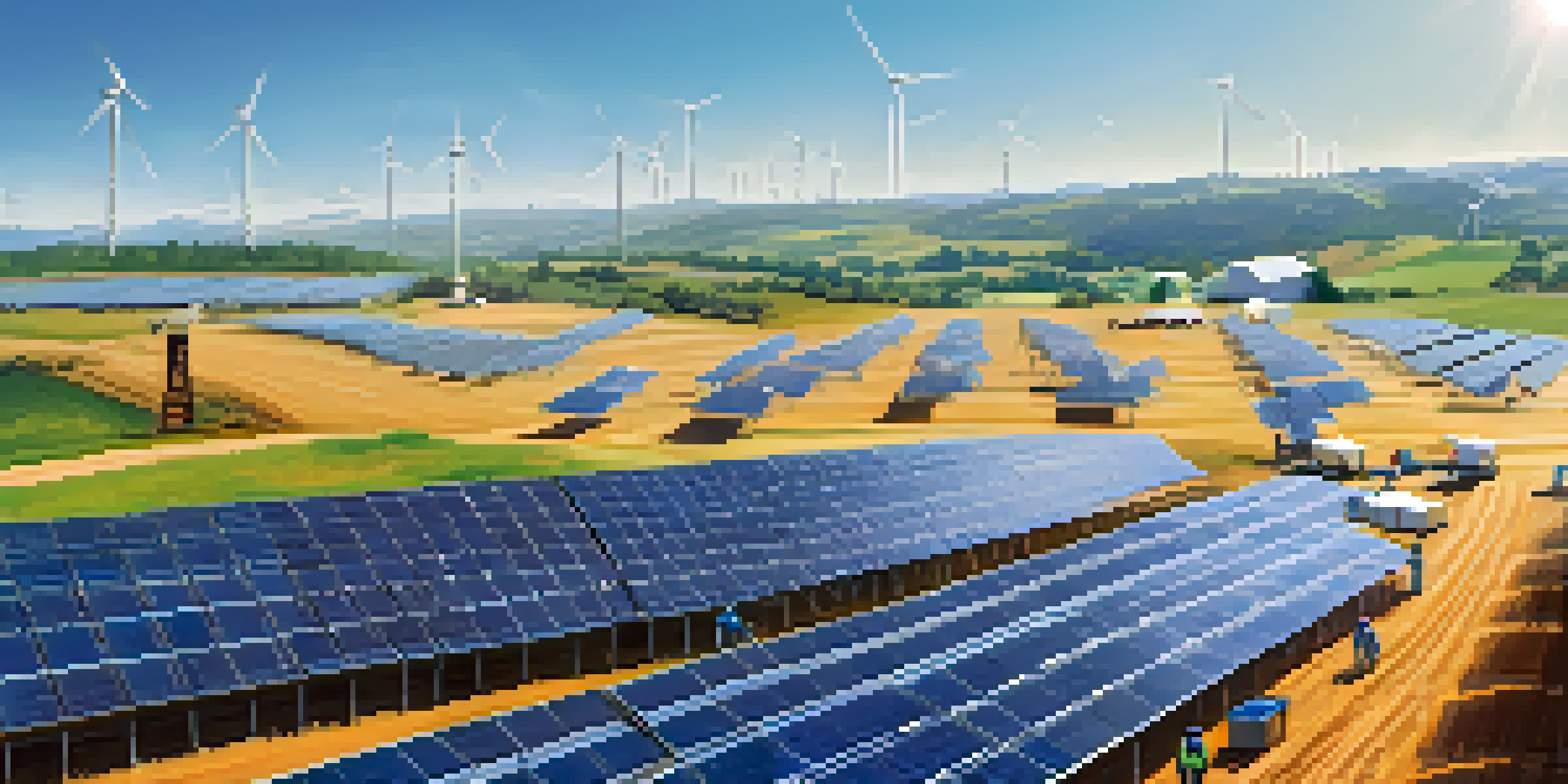 A wide view of a solar farm in Georgia with workers installing solar panels and wind turbines in the background.