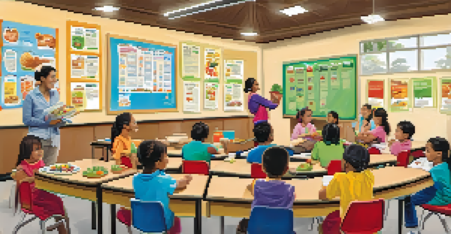Children in a classroom learning about nutrition with a teacher demonstrating healthy snack preparation.