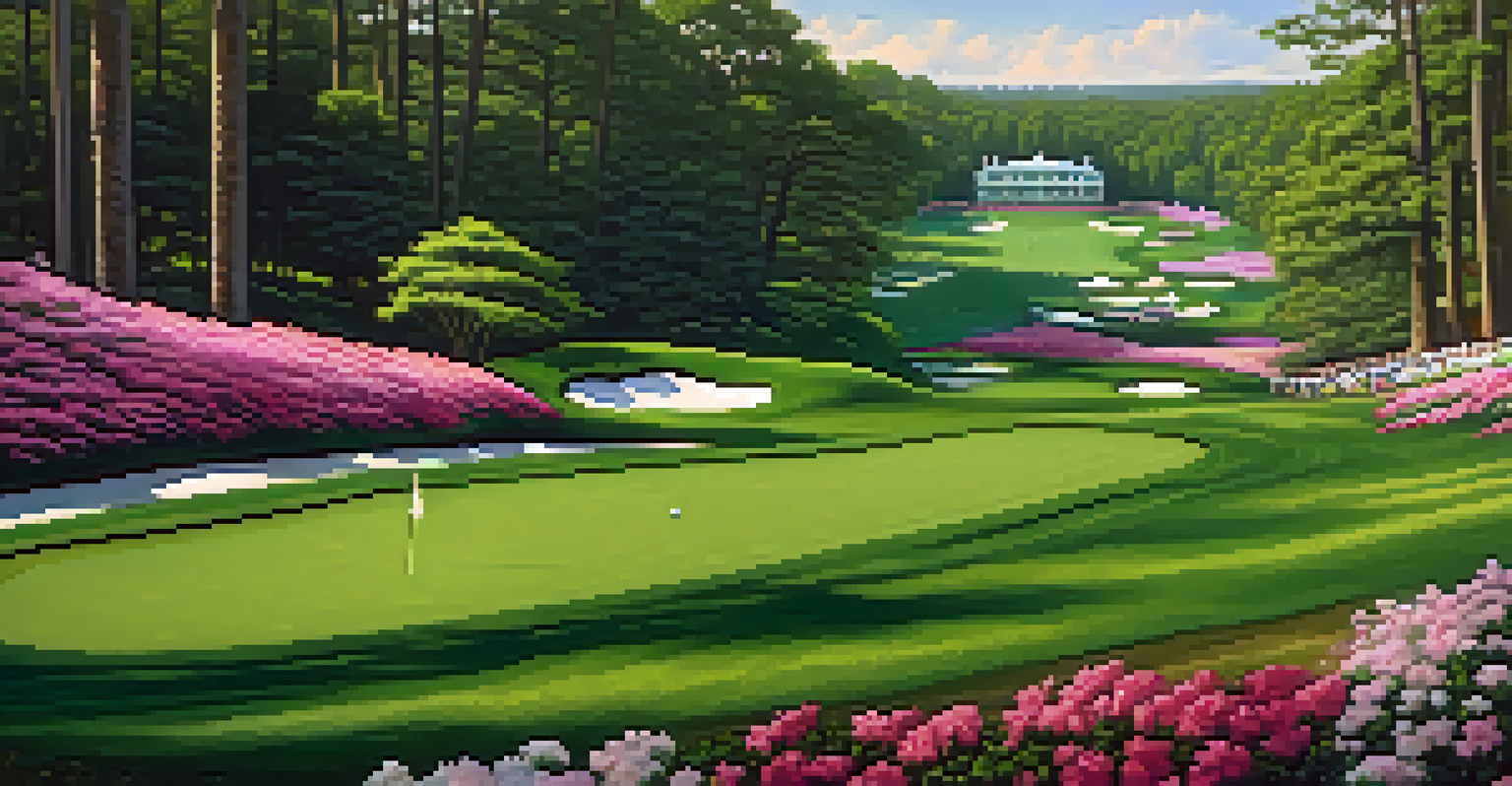 The iconic Augusta National Golf Club with blooming azaleas and golfers on the green under soft afternoon sunlight.