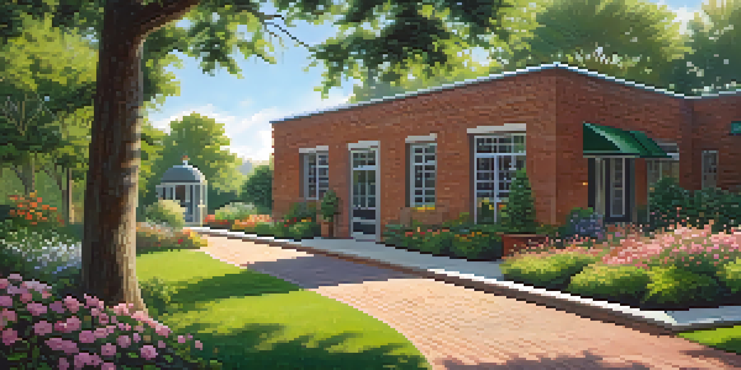 A recovery center in Georgia with a modern building, lush greenery, and people talking in a supportive manner.