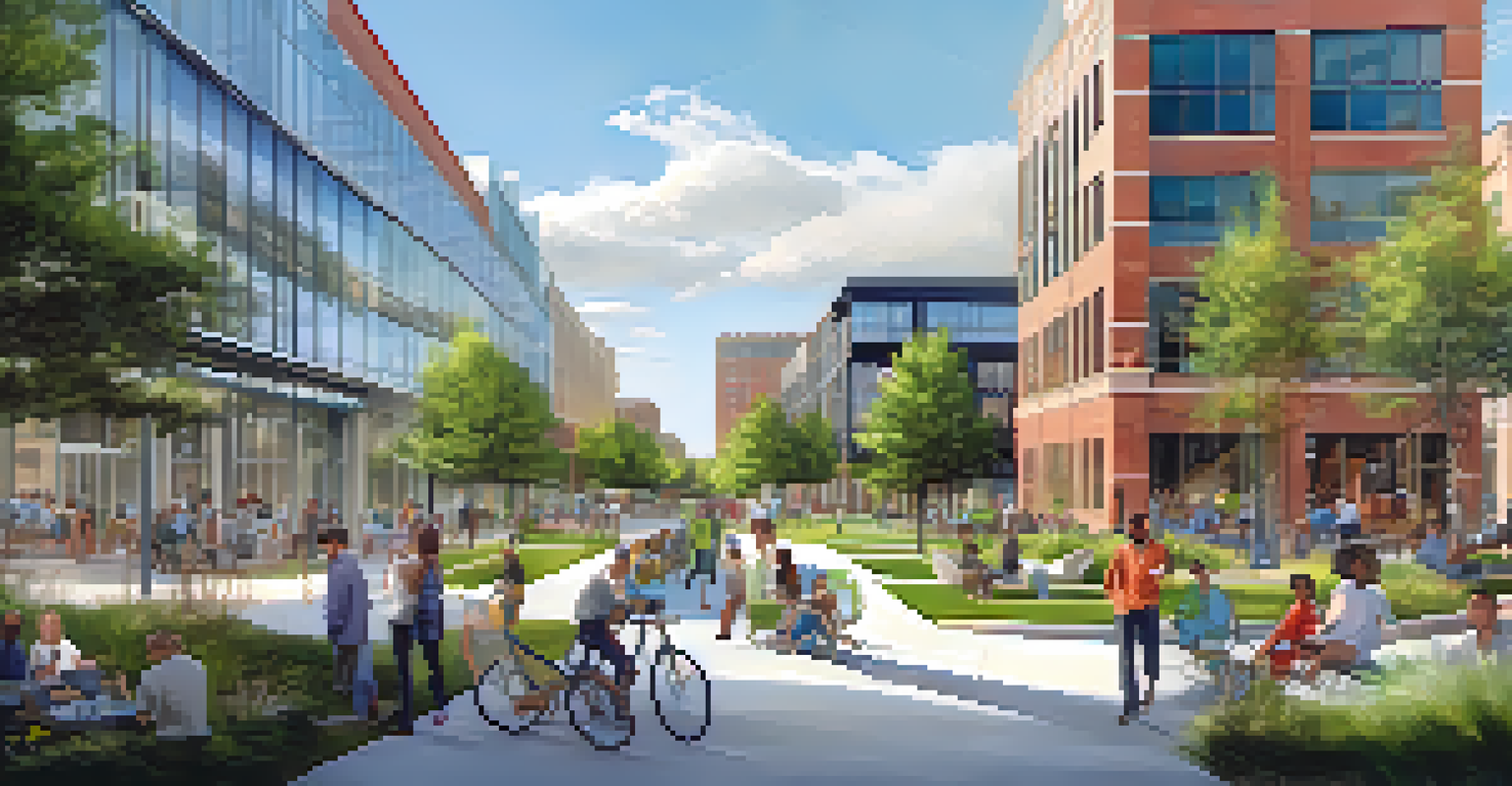 A vibrant scene of Augusta's Innovation District showing modern buildings, green spaces, and people collaborating outdoors, representing innovation and community.