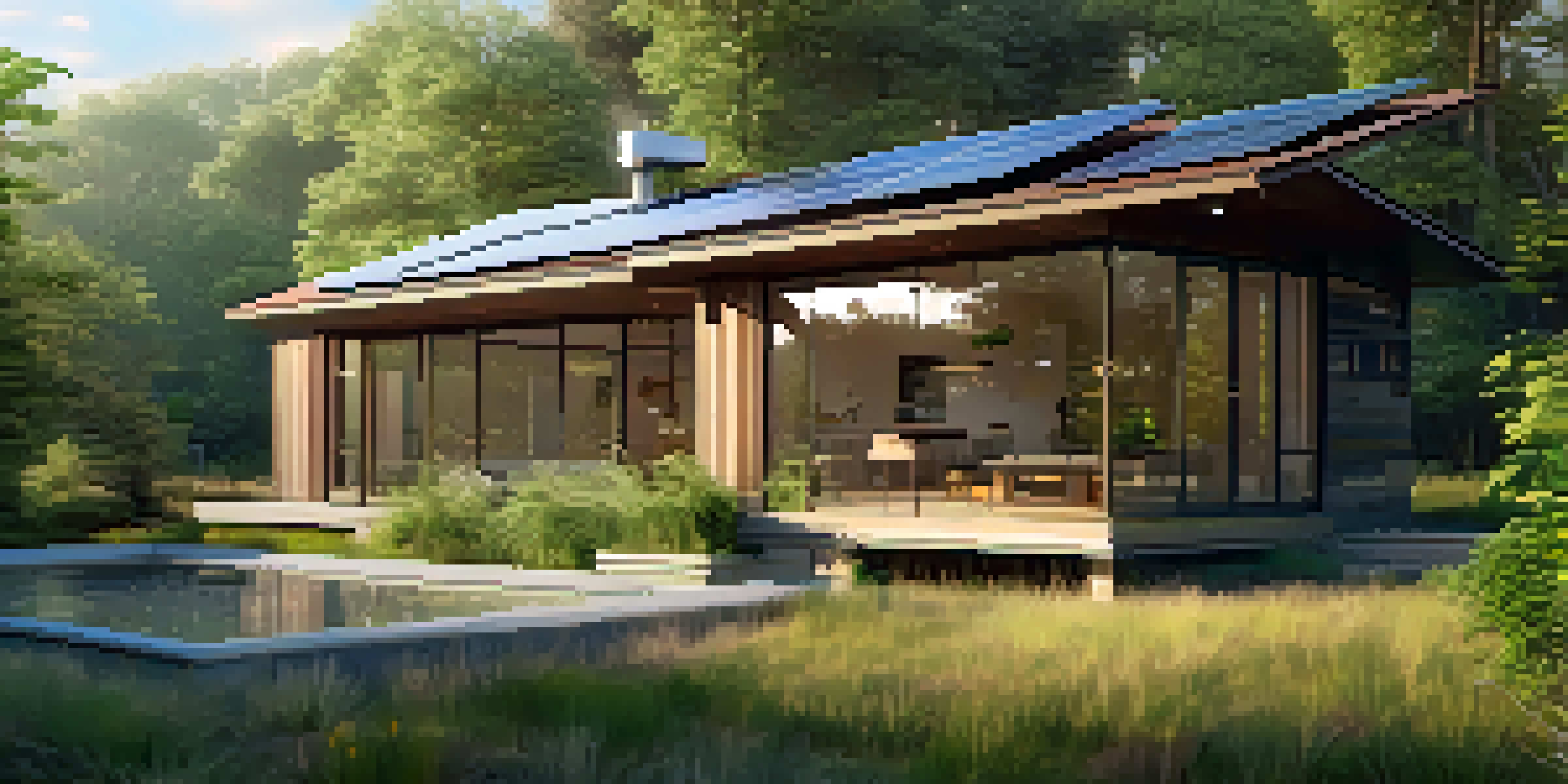 A contemporary sustainable house with solar panels and large windows, nestled in a vibrant green landscape illuminated by morning light.