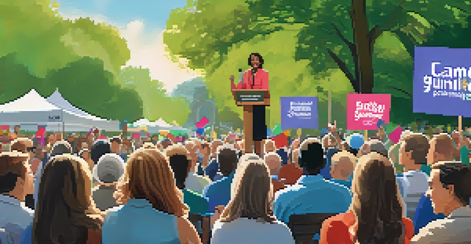 A diverse group of supporters at an outdoor campaign event, with a candidate speaking at a podium in a sunny park.