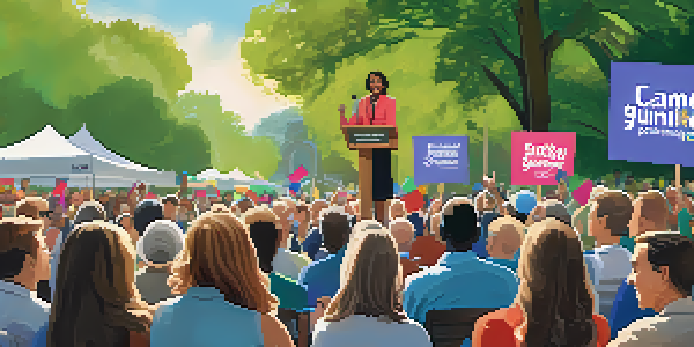 A diverse group of supporters at an outdoor campaign event, with a candidate speaking at a podium in a sunny park.