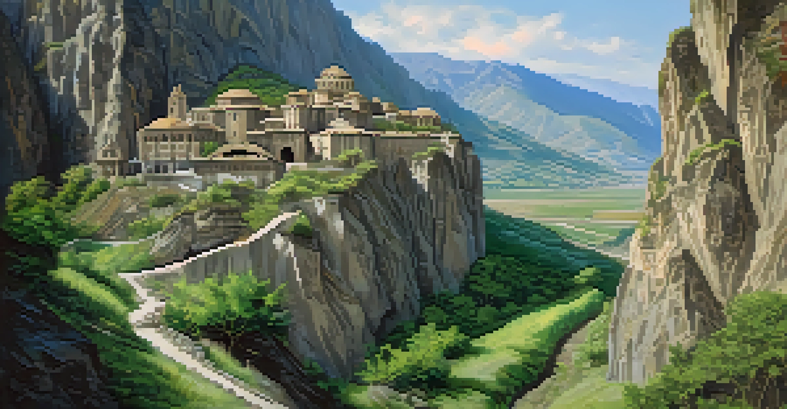 Vardzia Cave Monastery carved into cliffs, surrounded by lush greenery and mountains, showcasing intricate frescoes.