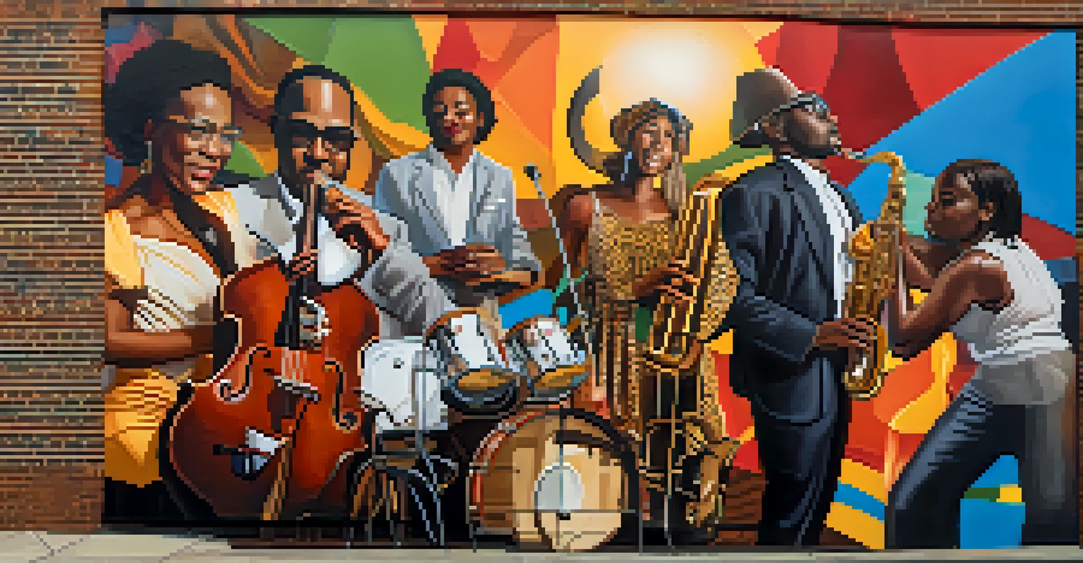A musician playing a saxophone in front of a colorful mural representing African American heritage in Georgia.