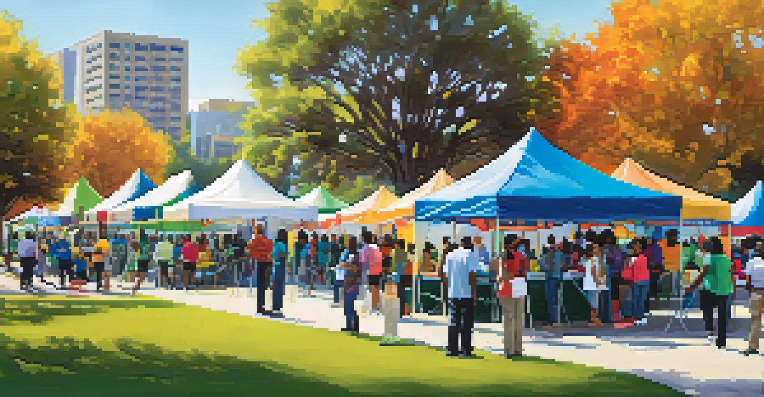 A lively urban health fair with diverse participants engaging in health screenings and educational activities.