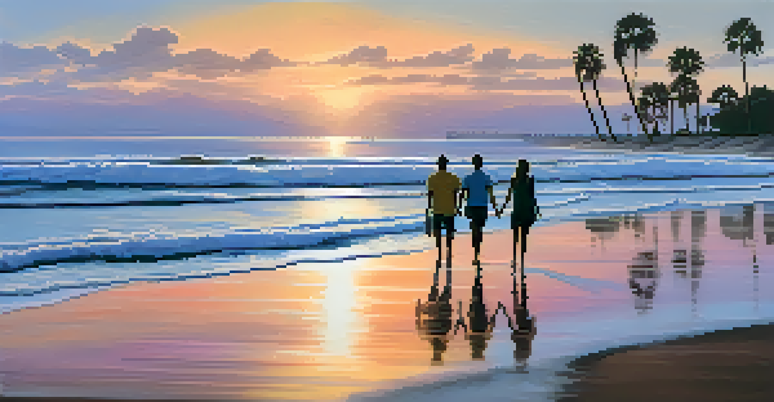 A peaceful beach view during sunset in Georgia, featuring palm trees and a couple walking on the sand.