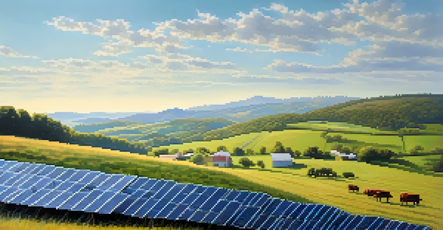 A beautiful Georgia countryside with solar panels in a field, rolling hills, and grazing cows under a clear sky.