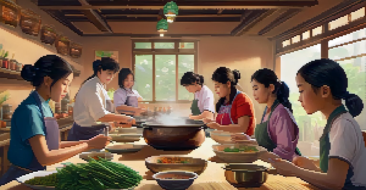 A cooking class with diverse students learning to prepare traditional Asian dishes in a warm and inviting classroom.