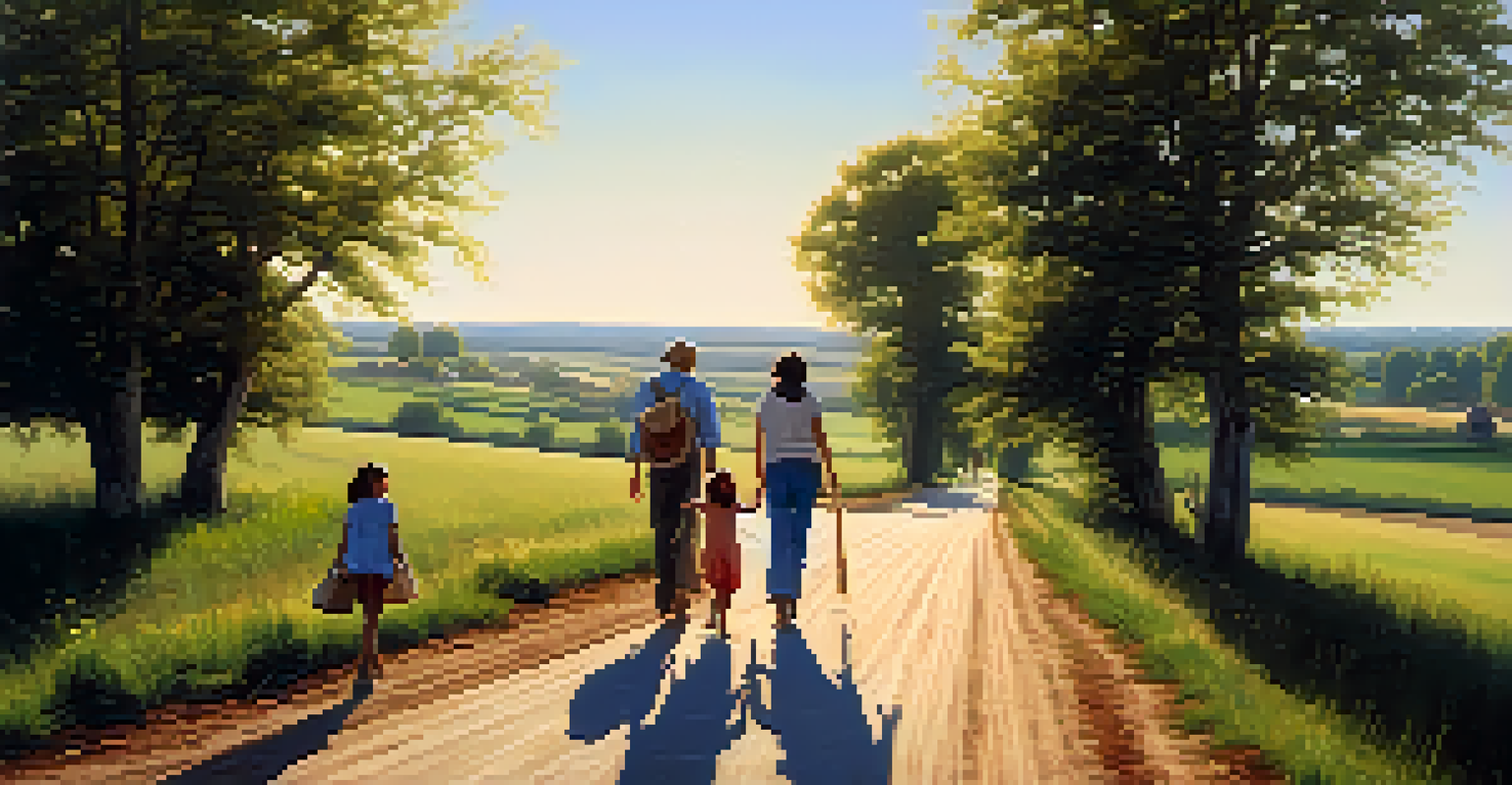 A family walking along a dirt road in a rural landscape, with green fields and a clear blue sky.