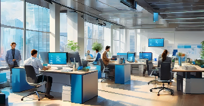 A modern office space with young professionals working together on fintech solutions, surrounded by digital devices and natural light.