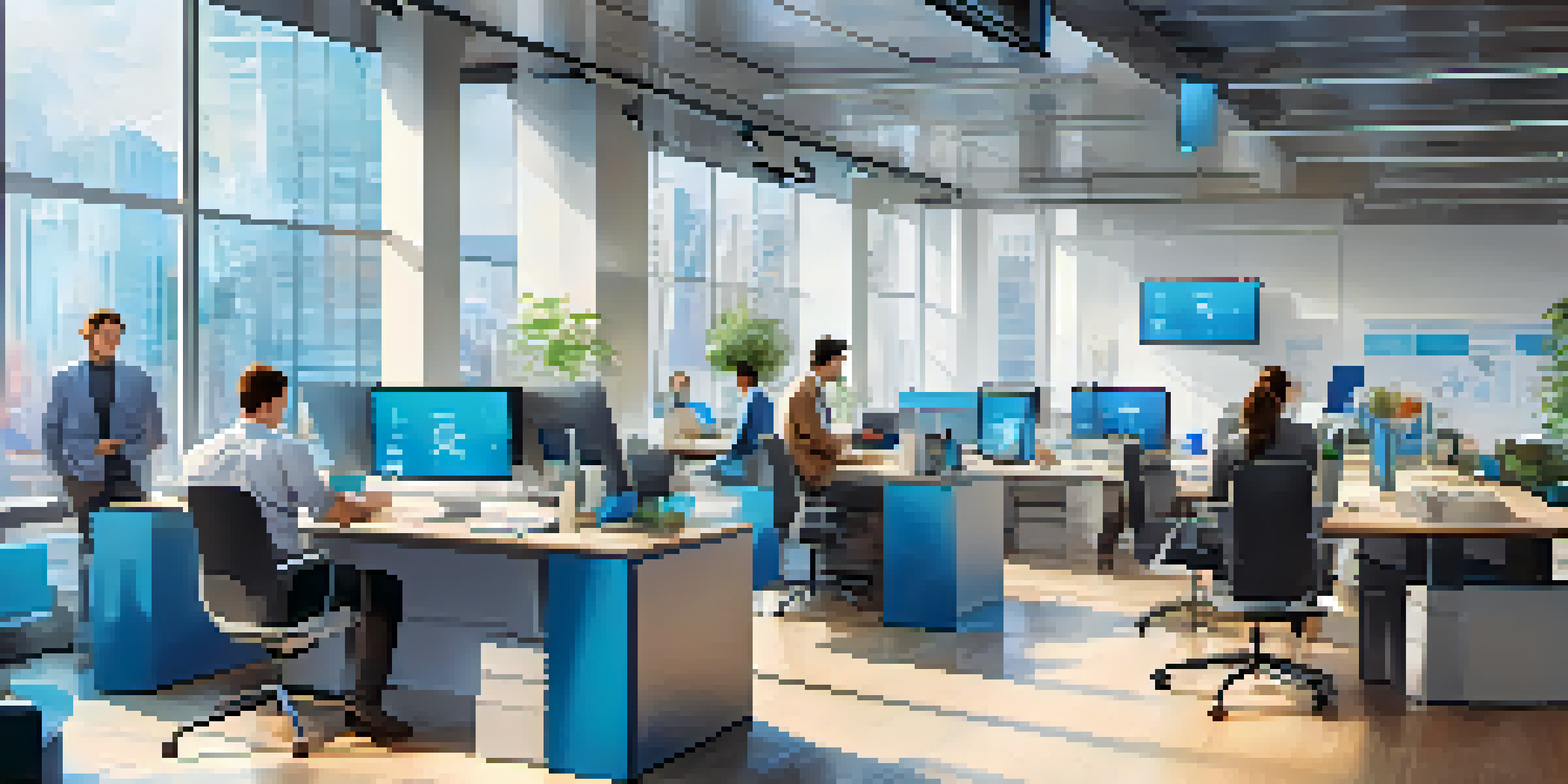 A modern office space with young professionals working together on fintech solutions, surrounded by digital devices and natural light.