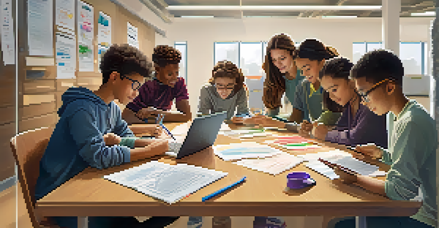 A group of students collaborating on a project in a bright classroom, using educational technology and teamwork.