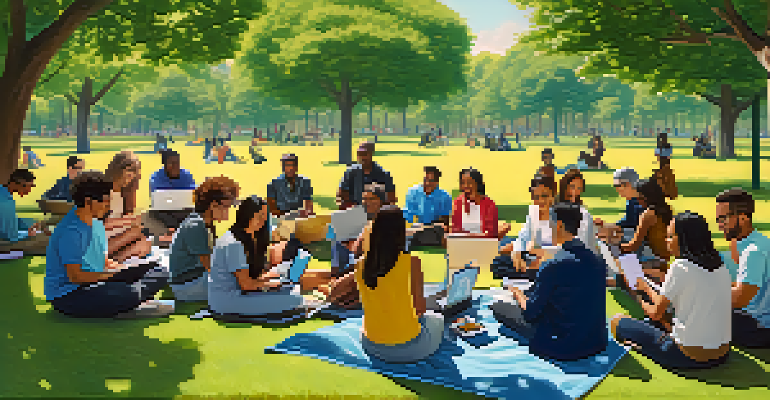 A diverse group of people participating in a fintech workshop outdoors, surrounded by nature and engaged in discussion.