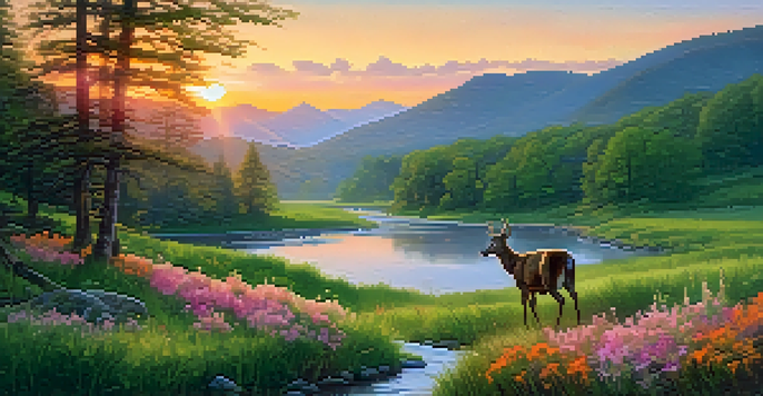 A tranquil Appalachian mountain landscape at sunrise, featuring colorful skies, a green valley with wildflowers, and deer grazing.