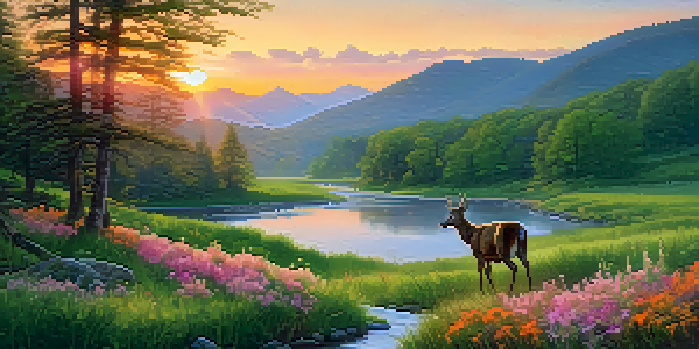 A tranquil Appalachian mountain landscape at sunrise, featuring colorful skies, a green valley with wildflowers, and deer grazing.