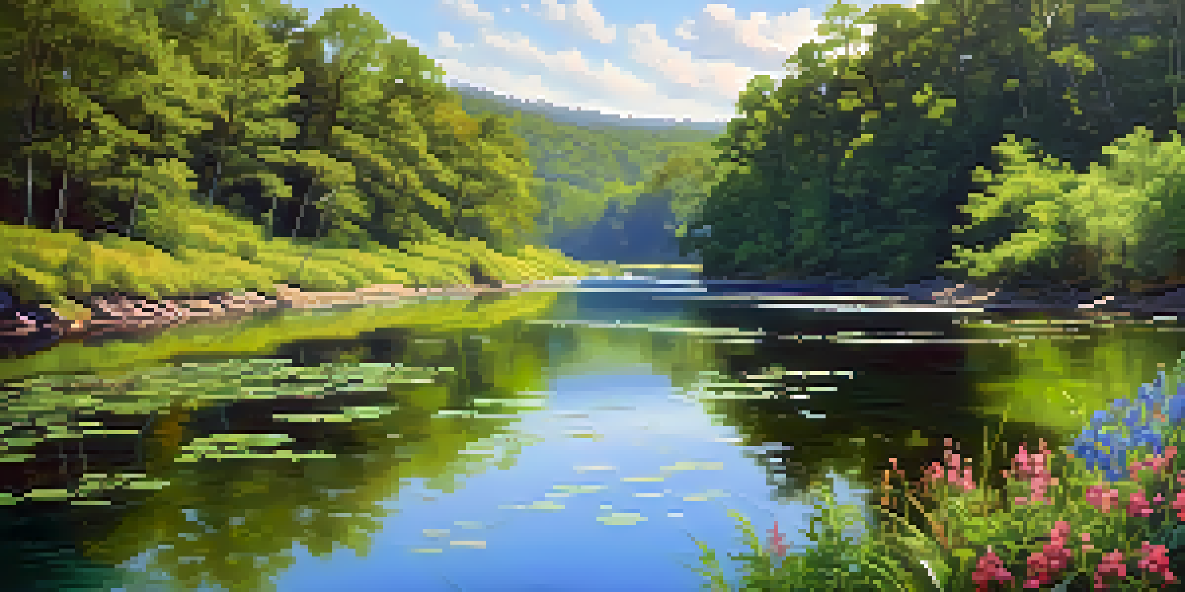 A peaceful river scene in Georgia, surrounded by vibrant wildflowers and lush greenery under a clear blue sky.